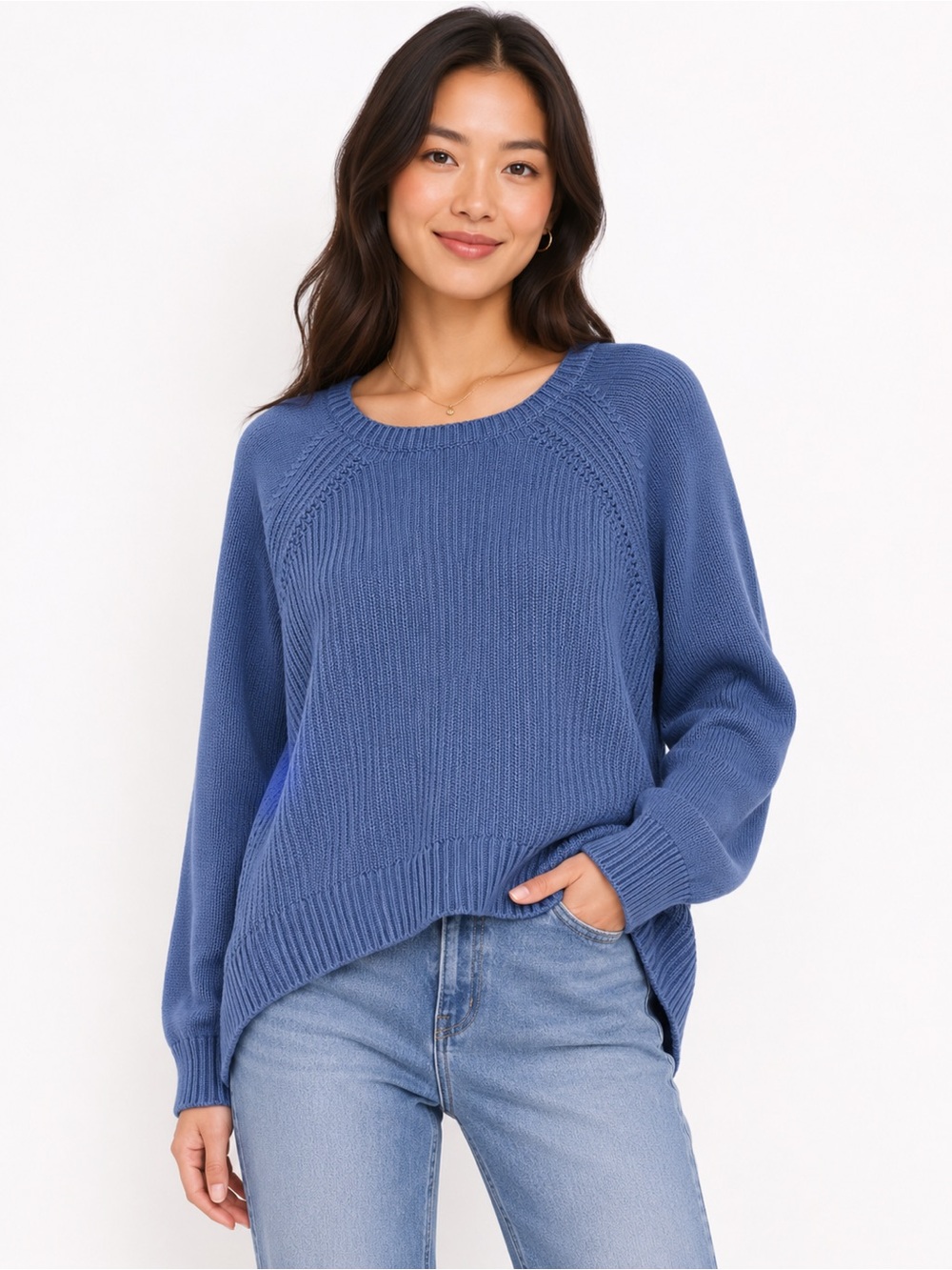 LOFT Blue Crewneck Ribbed Knit Sweater 100% Cotton - 0499